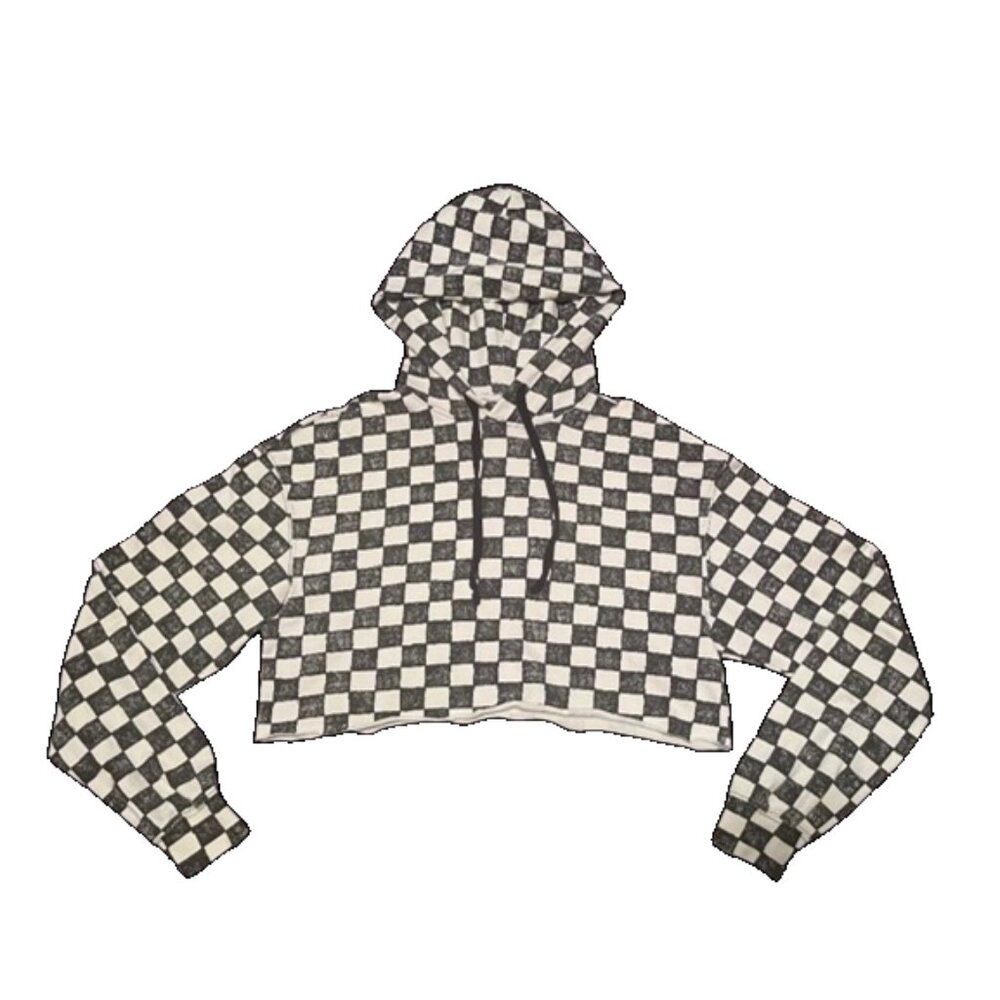 Divided Black and White Checkered Cropped Hoodie
